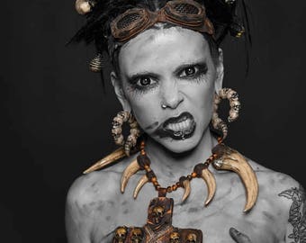 Cross necklace Bone jewelry Steampunk necklace Skull necklaces Wiccan jewelry Skull pendant Wiccan necklace Post apocalyptic Mad Max Fangs