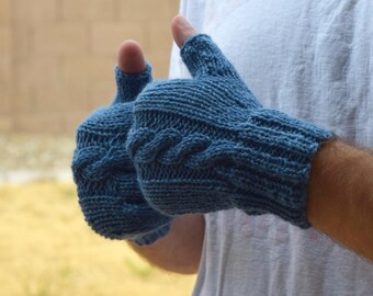 Men's fingerless gloves Blue wool mittens gift for him warm gloves mens accessories gift under 40 Christmas husband boyfriend gift