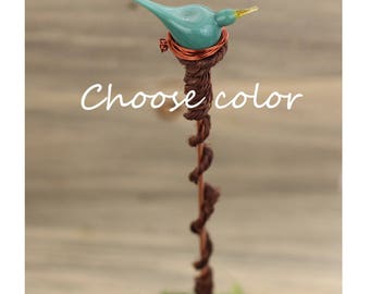 Garden art, bird plant stake, glass yard art, indoor garden - Custom
