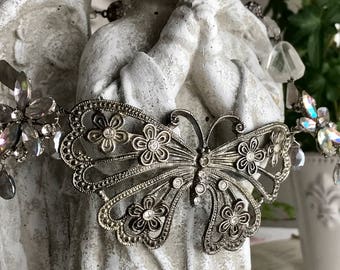 butterfly bib - necklace vintage assemblage rhinestone gemstone statement choker quartz moonstone labradorite, the french circus