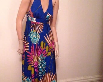70's Blue Floral Halter Gown