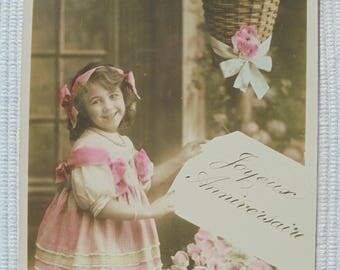Vintage French Postcard - Little Girl in Pink Dress