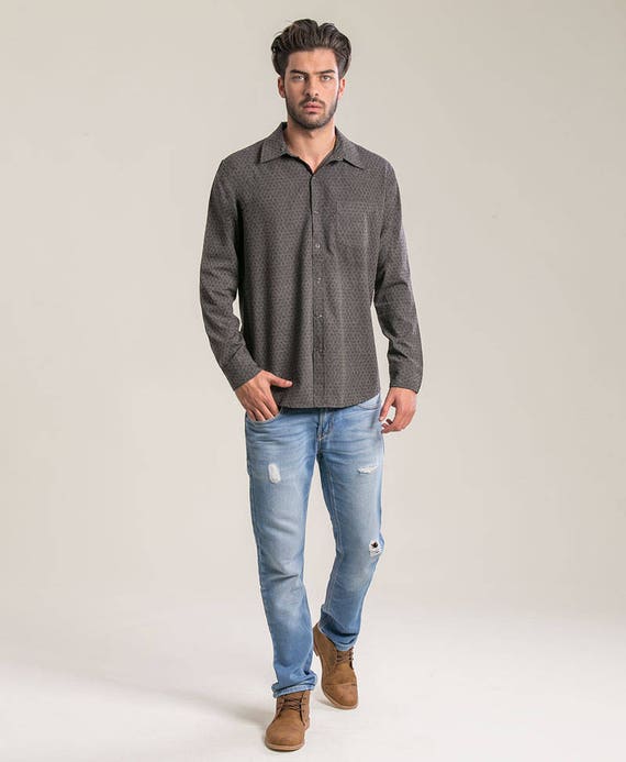 Long Sleeve Grey Button Down Shirt For Men Button Up Shirt
