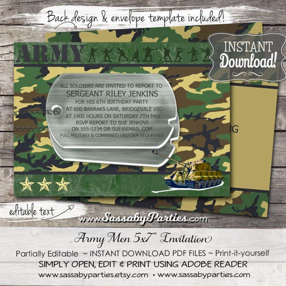 Army Men Boys Party Invitation - INSTANT DOWNLOAD - Editable & Printable Birthday Invitation, Military, Camouflage by Sassaby Parties Il_570xn