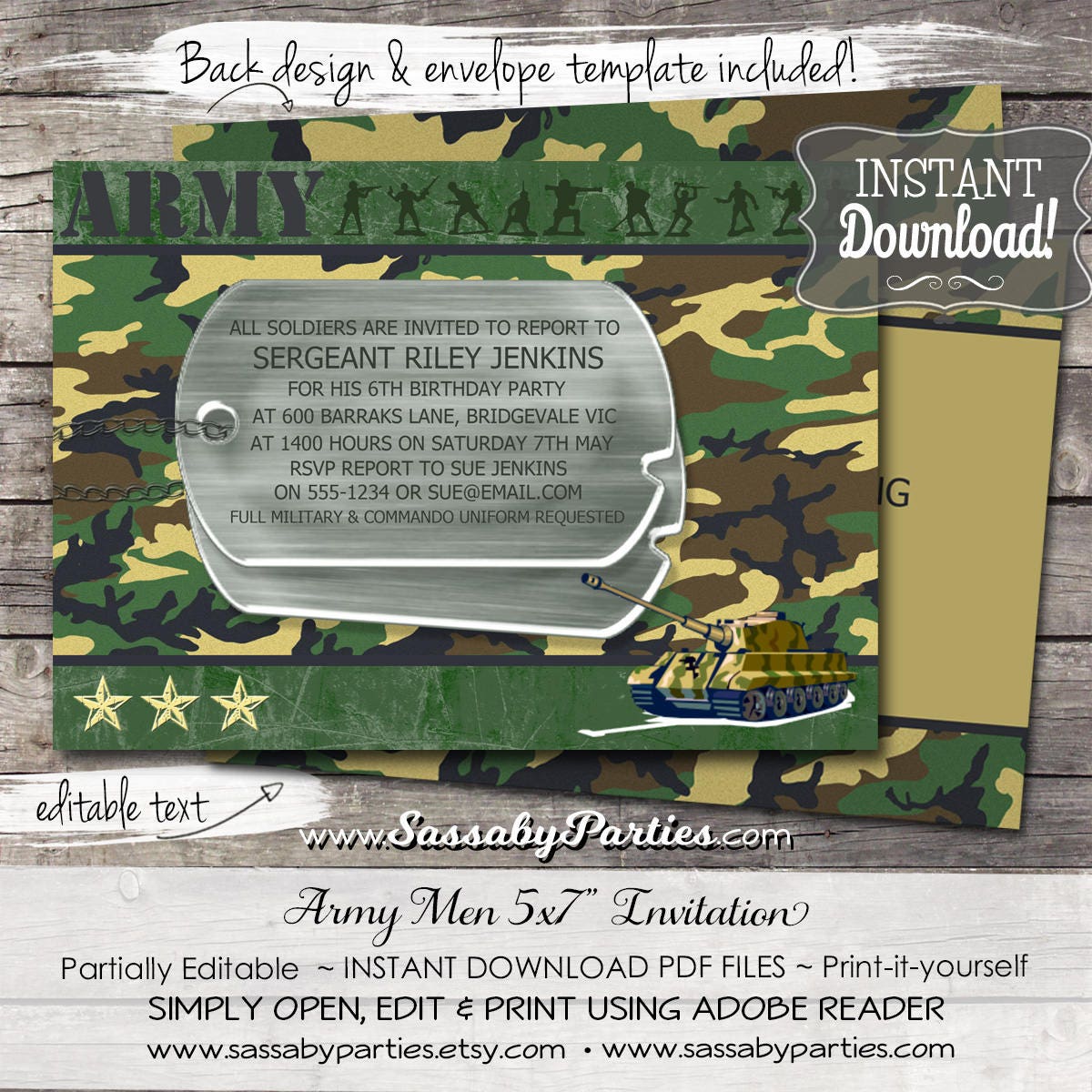 Army Men Boys Party Invitation INSTANT DOWNLOAD Editable