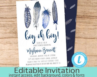 Adventure shower invitation, Baby Shower Invitation Boy Feather, Watercolor, Blue, Boho, Boho Feather Invitation, EDITABLE Instant Download