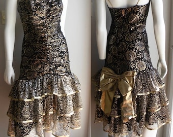 80s Prom Dress in Black Lace with Sparkly Gold Tiered Giant Bow - M