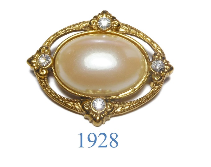 1928 pearl cabochon brooch, oval faux pearl cabochon with ornate frame decorated with rhinestones, wedding brooch pearl, something old pearl