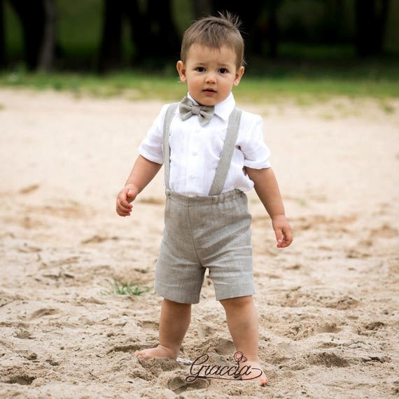 Baby boy suspenders suit Ring bearer outfit Boy linen suit