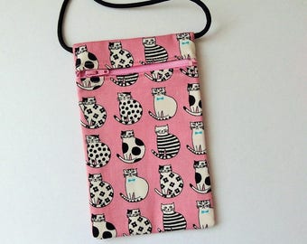 Pouch Zip Bag CATS PINK Fabric - great for walkers, markets, travel. Cell Phone Pouch. Small fabric Purse. Cross Body bag. black white cats