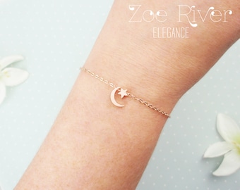 I love you to the moon and back bracelet. dainty rose gold moon and star bracelet. Elegant and dainty rose gold bracelet