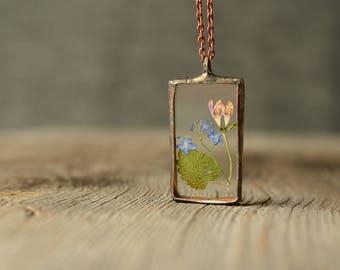 Nature jewelry, glass pendant, rectangle glass necklace, tin and glass jewelry, pressed flower necklace, boho gift, terrarium pendant