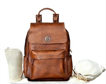 Genuine Leather Backpack Baby Diaper Bag, Insulated Baby Bottle Holder, Changing Mat, Diaper Drawstring Bag
