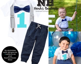 Cake Smash Outfit Boy Grey Navy Aqua - Chevron - Navy Pants - Boys First Birthday Outfit - Set - Suspenders Bow Tie - Photo Prop - 1st