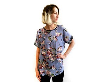 Light Blue Unique Summer Top, Loose Blouse, Bohemian Tops, Blue Floral Top, Pale Blue Blouse, Casual Boho Shirt, Womens Blouses, Blue Top