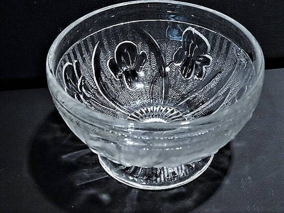 Iris and Herringbone Depression Glass Low Sherbet Bowl 1930s Art Deco Vintage Country Farm Farmhouse Kitchen Decor Scarce Hard to Find