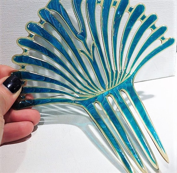 Large Antique Hair Comb 1900s Art Nouveau Victorian Backcomb Blue Moire' Celluloid Comb Wedding Antique Hair Comb Topcomb Hair Accessory