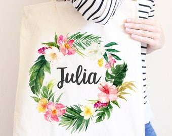 Personalized Canvas Tote Bag, Tropical Flower Wreath