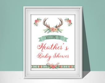 Deer Baby Shower Welcome Sign | Printable Baby Shower Sign | Deer Baby Girl Shower Decoration | Pink and Mint | BB001W