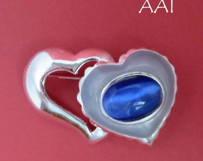 AAI Blue Heart Brooch, Blue Cat's Eye Brooch, Signed AAI Pin, Vintage Enamel Hearts Pin, Silvertone Double Heart Pin