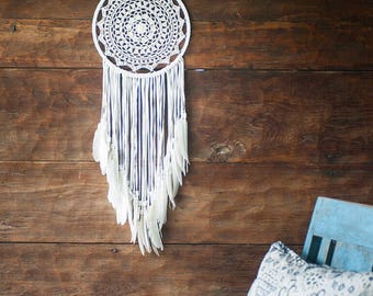 Large Crochet Dream Catcher, Boho Style Dream Catcher, Mandala Wall Hanging, Boho Feather Mobile, Doily Dreamcatcher, Christmas Dreamcatcher