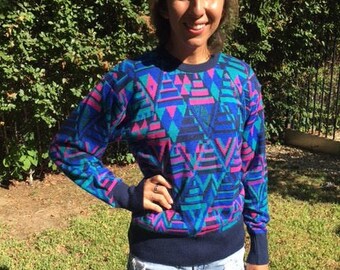 Meister sweater,Geometric sweater,Small,S,1980s,purple,pink,green,black
