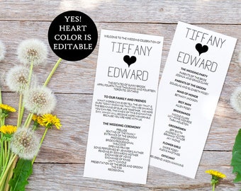 Heart Wedding Program Template Printable Timeline - DIY Typography Ceremony Program for the Modern Wedding - Wedding Program PDF Download