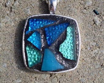 Blue Pendant Necklace Stained Glass Pendant Mosaic Blue Necklace Mosaic Necklace Pendant Blue Stained Glass Jewelry Turquoise Pendant