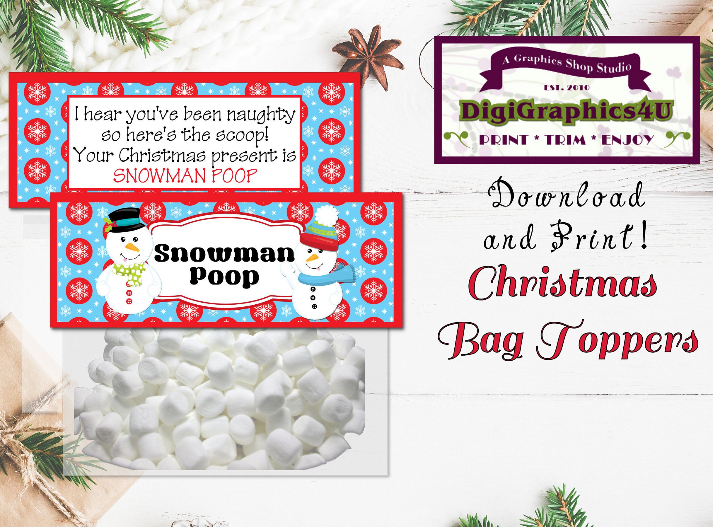 Snowman Poop Holiday Treat Bag Toppers for your Goodies