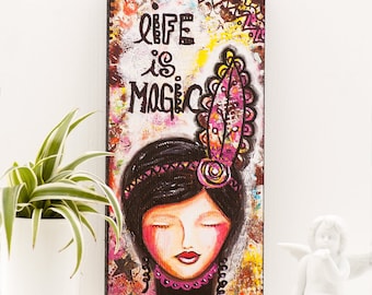 Magic Art - Free Spirit - Inspirational Art - Boho Room Decor - Whimsical Art - Feather Art - Mixed Media Art - Living Room Artwork