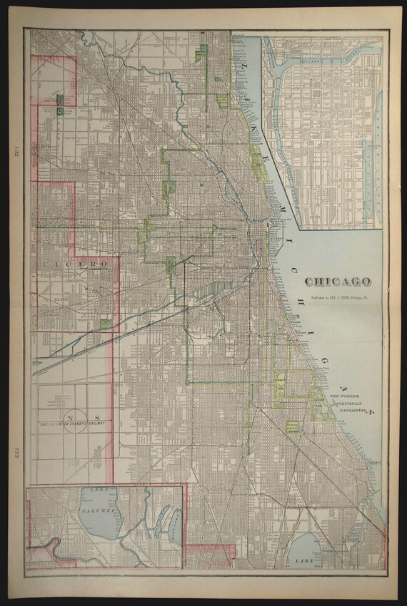 Chicago Map Chicago Street Map Early 1900s 1907 Original