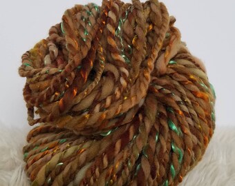 Hand Dyed Yarn. Orange Yarn. Wool Art Yarn. Hand Spun Yarn. Wool. Green Yarn. Shiny Tencel Yarn. Brown Yarn. Weaving Yarn. Knitting Yarn.