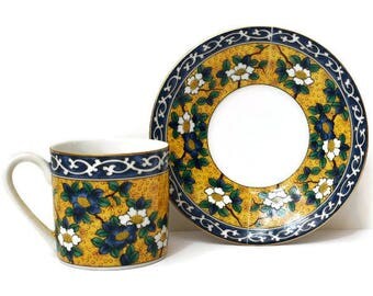 Vintage Kutani Takahashi Demitasse Tea Coffee Cup Saucer Set San Francisco Blue Yellow Chinoserie Flowers Bird Made In Japan