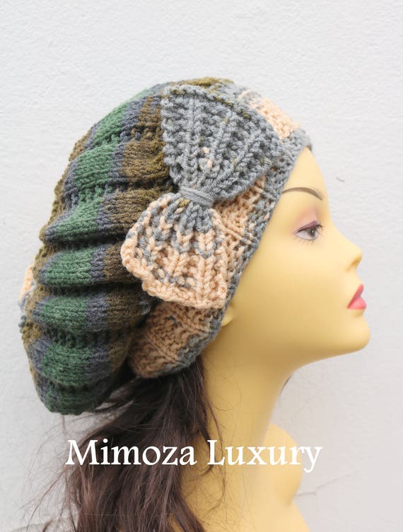 Gray/Brown/Green Woman Hand Knitted Hat with Bow, Grey Beret hat with bow, gray knit hat, slouchy knit women's hat with bow, winter hat