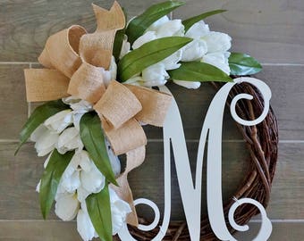 BEST SELLER! White Tulip Wreath. Grapevine Wreath. Year Round Wreath. Spring Wreath. Summer Wreath. Monogram Wreath. Door Wreath.