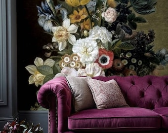 Dutch dark vintage floral art removable wallpaper still life with flowers painting temporary wall mural self adhesive peel and stick # 95