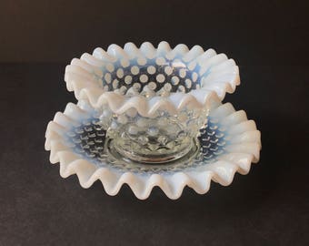 Fenton Vintage White Opalescent Hobnail Mayonnaise Bowl and Saucer 389. Opalescent Color with Ruffled Edge.