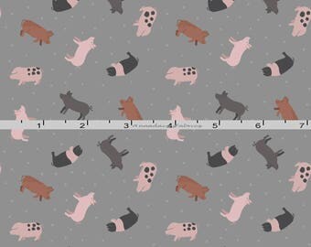 Tiny Pigs Fabric, Lewis & Irene Fabric, Small Things on the Farm Fabric SM3.3, Small Print Pig Quilt Fabric, Pink, Gray, Brown, Cotton
