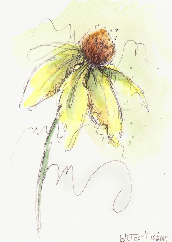 Original Watercolor Cone Flower Art Painting Yellow Pen and