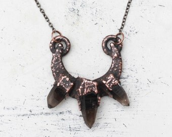 Raw Electroformed Smoky Quartz Point Raw Crystal Necklace Crescent Moon Phase Witchy Pendant In Oxidized Copper