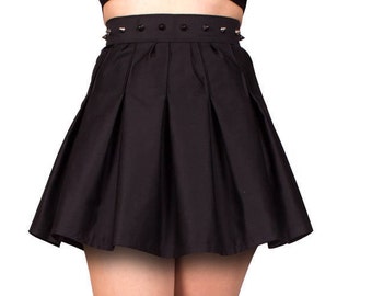 Black Skater Skirt. Women's High Waisted, Spiked Skirt. Gothic Clothing Dresses. Unique style for a Glam Rock, Punk, Pastel Goth Outfit