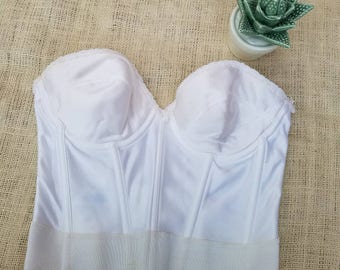 Vintage 1970s White Bustier Longline Strapless Lace Floral Pearl Bra boning underwire backless Corset Bridal 34C bust union made USA Adonna
