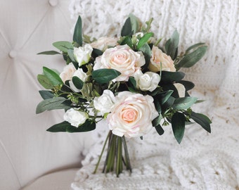 Rose and Eucalyptus Silk Bridal Bouquet, Real Touch Roses w/ Seeded Eucalyptus & Dusty Miller Bridal Bouquet - Made to Order Bouquet