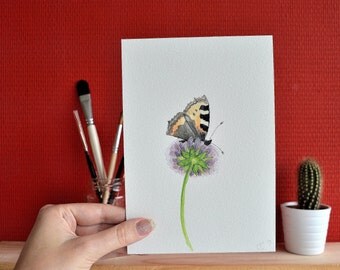 Original watercolour painting 12.5x18cm: Butterfly on wildflower