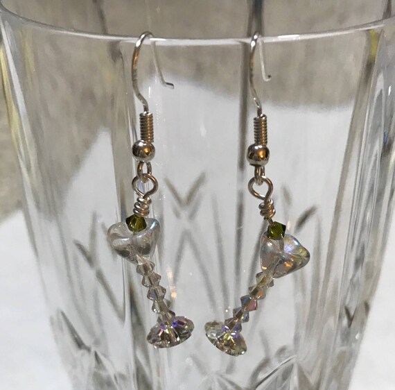 Crystal Martini Glass Earrings with Olive