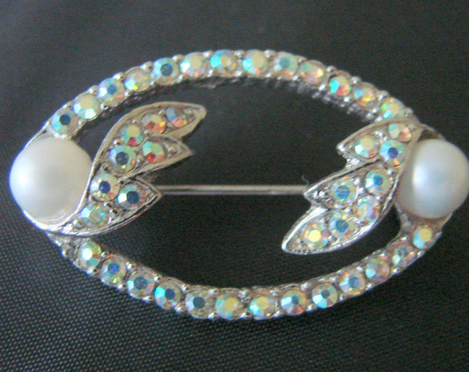 Aurora Borealis Rhinestone Pearl Brooch Pin / Silver Tone / Wedding / Bridal / Vintage Jewelry / Jewellery