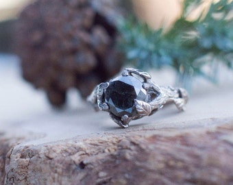 Grey Rustic Salt and Pepper Diamond Palladium White Gold - Elvish Twig Bark 14K 585 Engagement Leaves Leaf Twig 3.6 ct 9mm Large Round Black