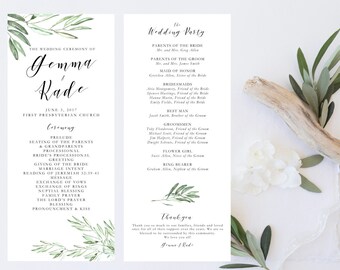 Printable Olive Leaves Wedding Program, Greenery ceremony program, botanical wedding, olive branch program download, olive leaves ceremony