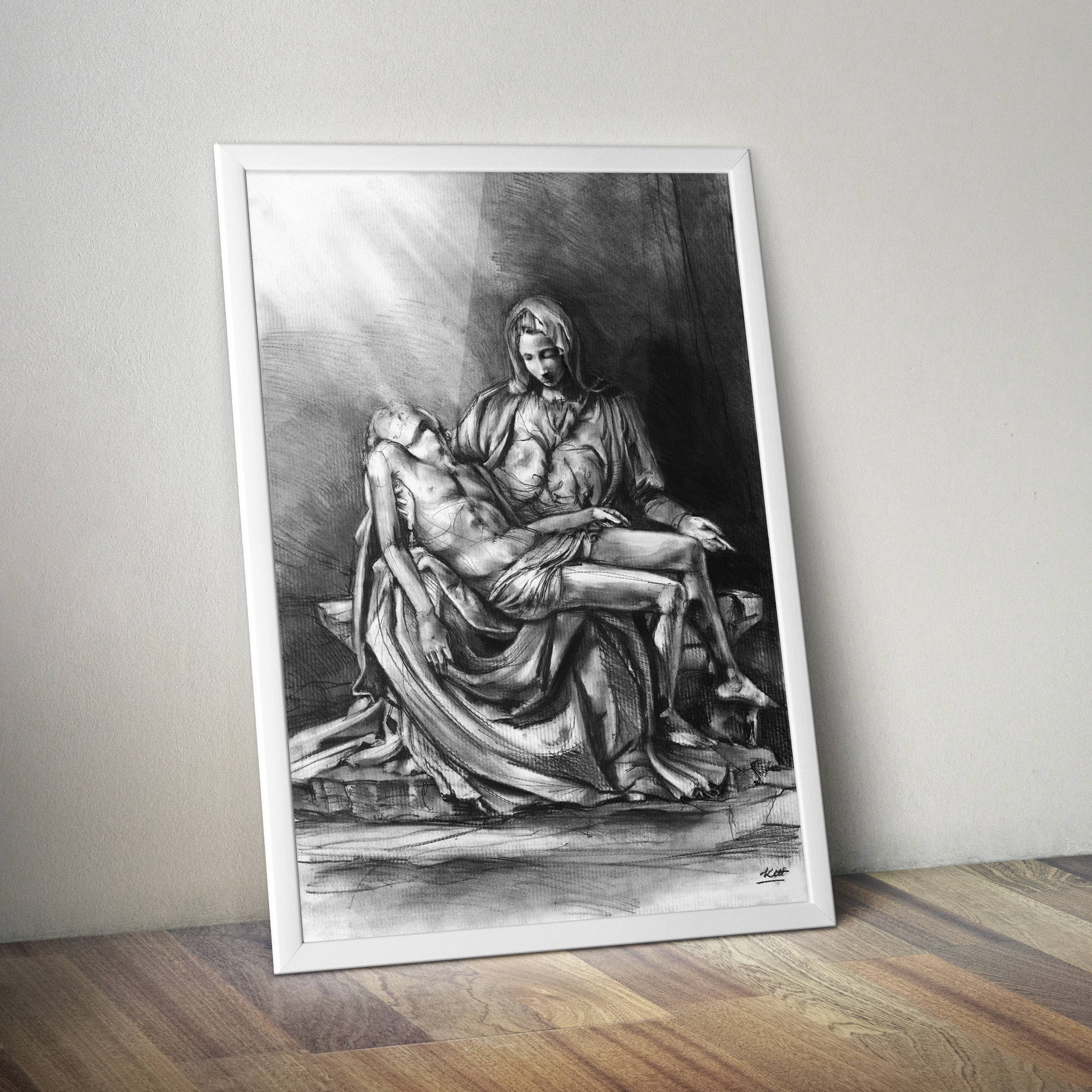 Pieta charcoal drawing print religious art print charcoal