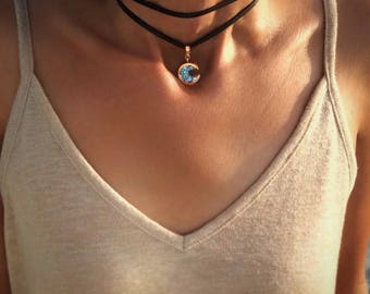 Crescent Moon Choker Necklace -Bismuth Crystal Jewelry -Custom -Beach Jewelry -Moon Necklace -Copper Pendant -Boho Choker -Leather Choker